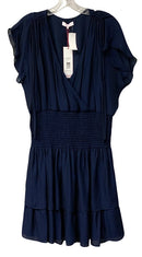 PARKER Navy Silk Blend Smocked Waist Faux Wrap Flutter Slv Dress