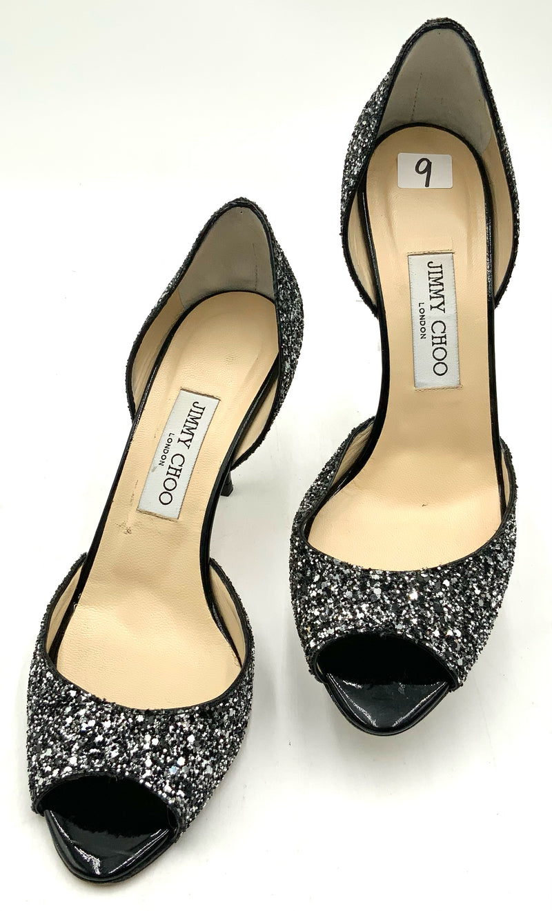 JIMMY CHOO Black Patent Leather Silver Glitter Logan D'Orsay Heels 39.5