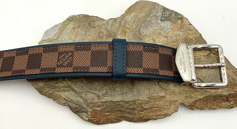 LOUIS VUITTON Blue Leather Damier Ebene Canvas Belt 90cm