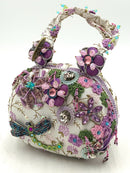 MARY FRANCES Vintage Ivory Fabric Purple Bead Green Crochet Embellished Bag