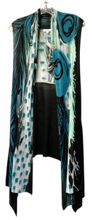 ADORE Teal Black Green Feather Motif Long Vest