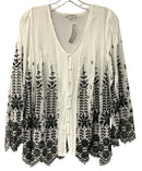 JOHNNY WAS White Pintuck w/Black Floral Embroid L/S B/D Top
