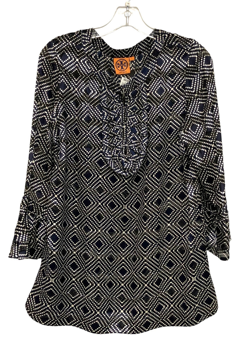 TORY BURCH Navy/White Geo Print w/Ruffle Detail Bell Sleeve Top