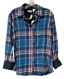 TIZZIE Red/White/Blue Plaid Raw Edge w/Denim Cuff L/S B/D Top