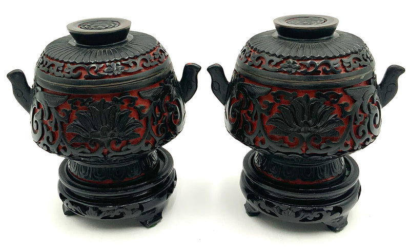 Pair of Carved Cinnabar Lidded Urns
