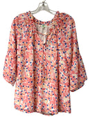 JADE Pink White Blue Abstract Floral Tie Front Flted Sleeve Top