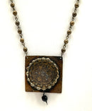 Artisan Brass Tone Beaded Necklace w/Square 3D Pendant