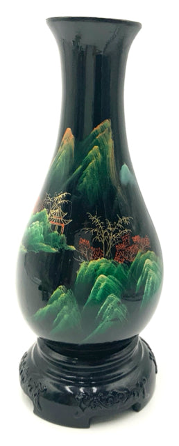 Vintage Chinese Black Lacquer Vase with Mountain Scene