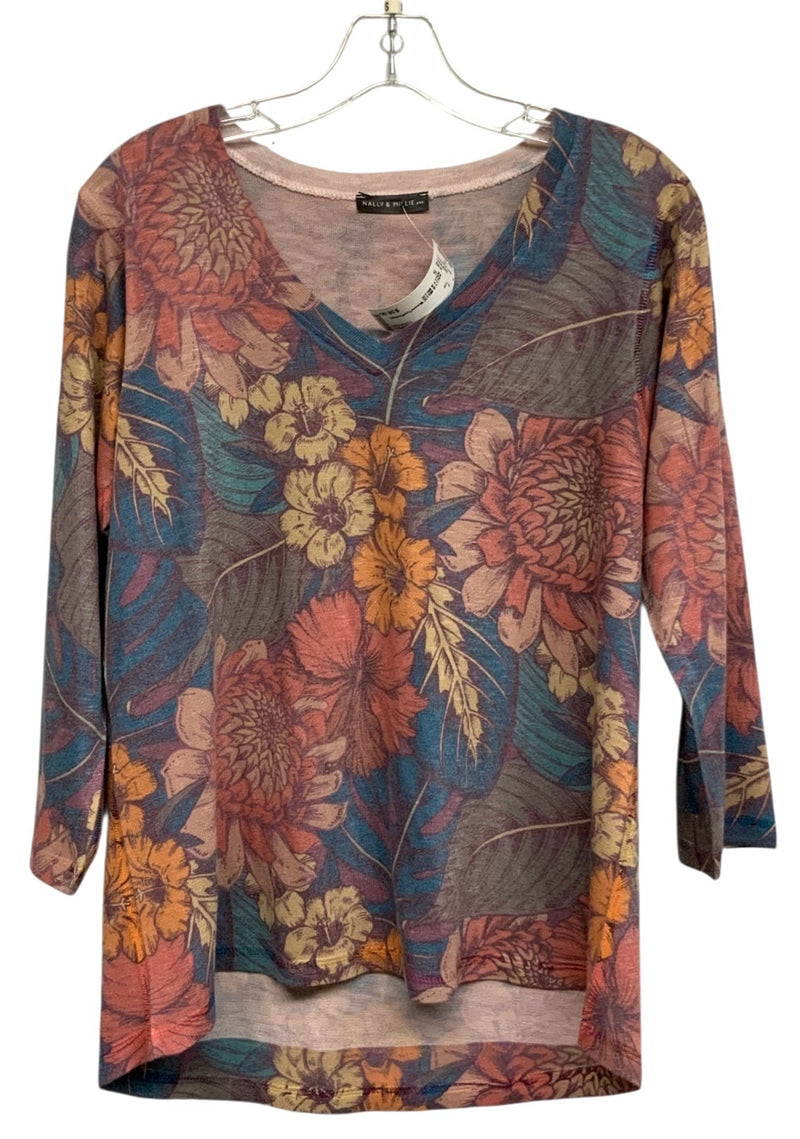 NALLY & MILLIE Mauve/Teal/Orange Floral V-Neck 3/4 Sleeve Top