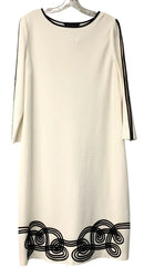 MING WANG Off-White w/Black Scroll Appique Textured Knit 3/4 Sleeve Dress