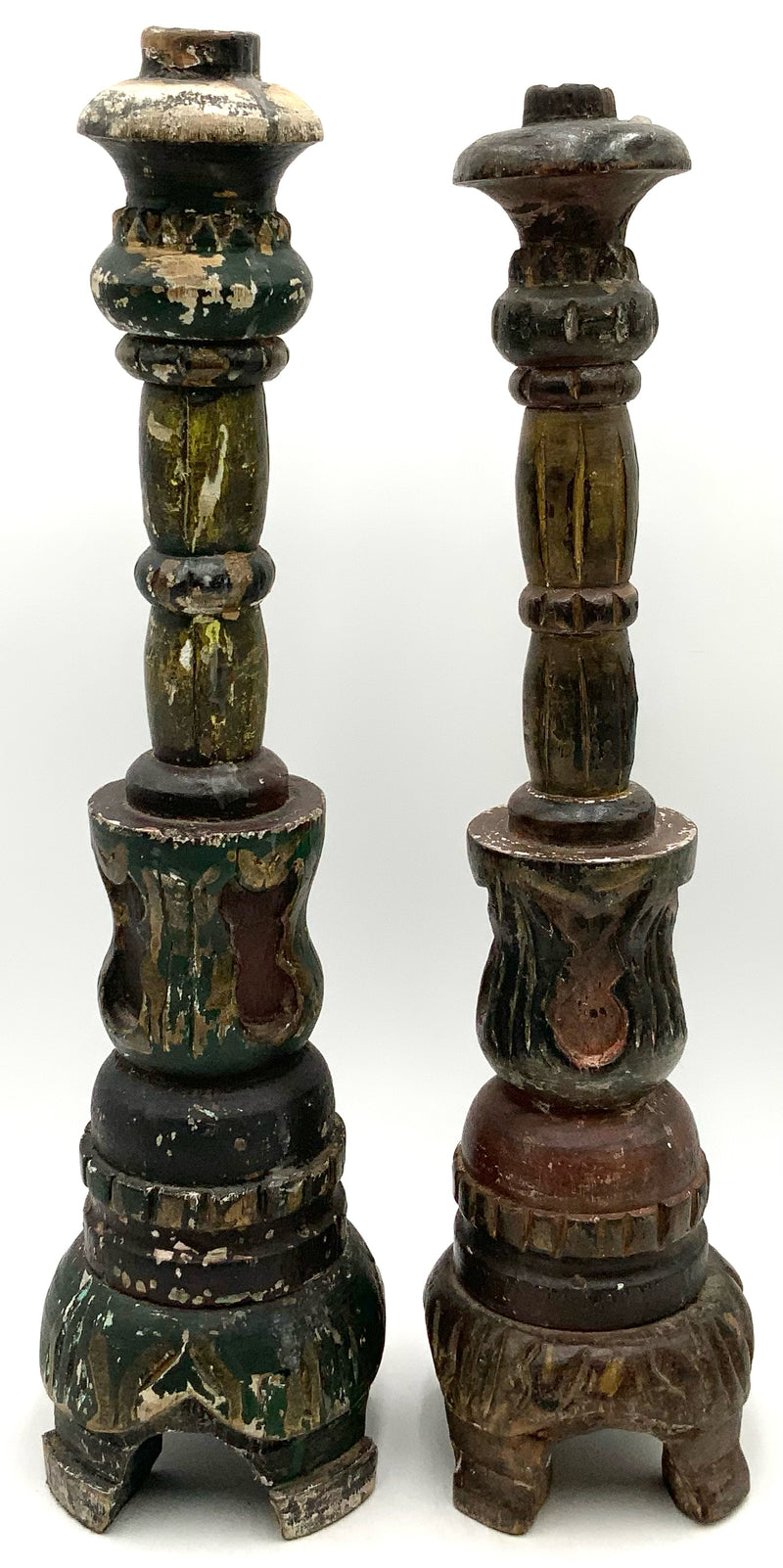 Pair of Carved Wood Candlesticks with Distressed Finish
