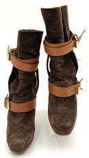 CHRISTIAN LOUBOUTIN Brown Suede Tan Leather Ankle Wrap Buckl H/H Booties 39