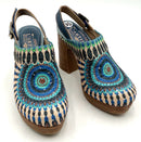 L'ARTISTE Blue/Multi Geo Pattern Wooden Platform Open Back Clogs 6.5