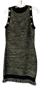 MILLY Black/White/Gold Metallic Fringe Hem & Goldtone Buttons S/L Dress