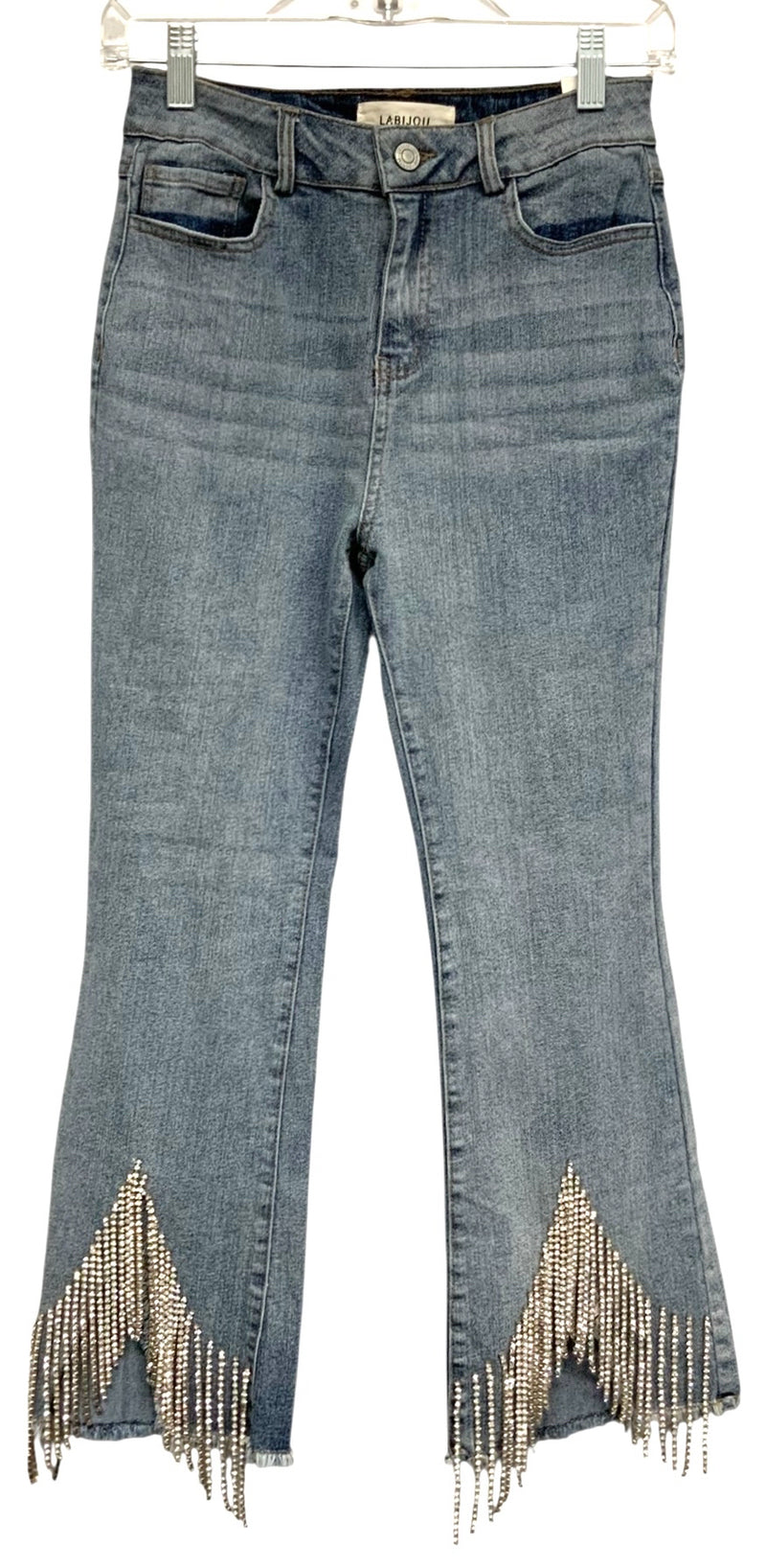 LABIJOU Light Wash Rhinestone Fringe Frayed Hem Crop Jeans