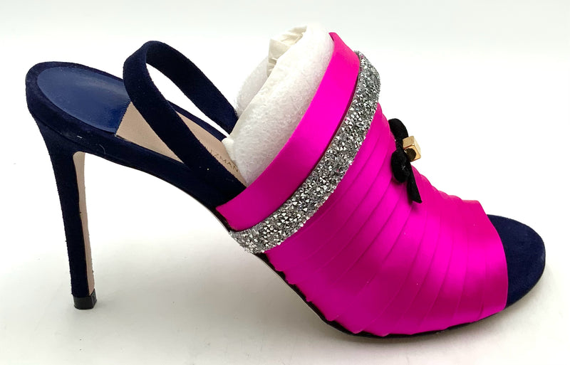 STUART WEITZMAN Blue Suede Hot Pink Pleated Jeweled Accent Slingback Sandals 8.5