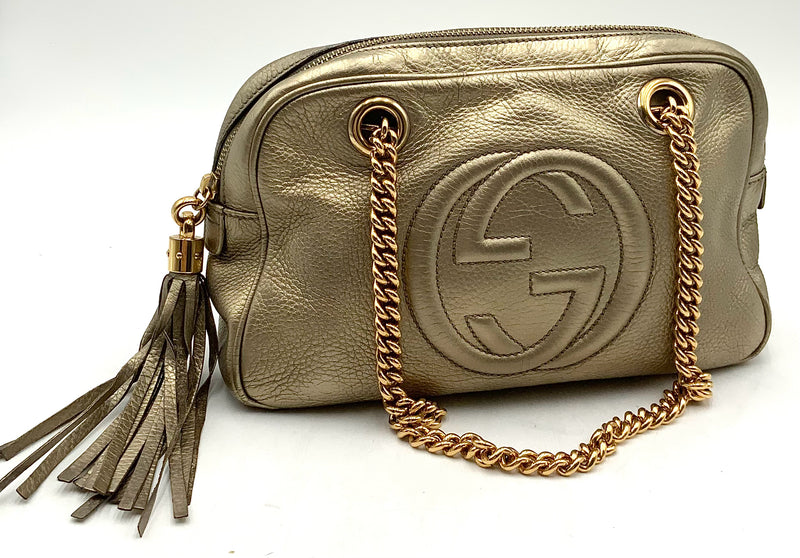 GUCCI Gold Grained Leather Interlocking GG Soho Chain Bag
