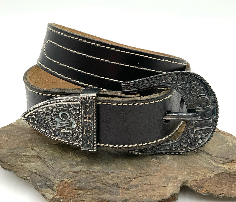 GILLES HERVE Vintage Black Leather Topstitch Silvertone Buckle Belt S