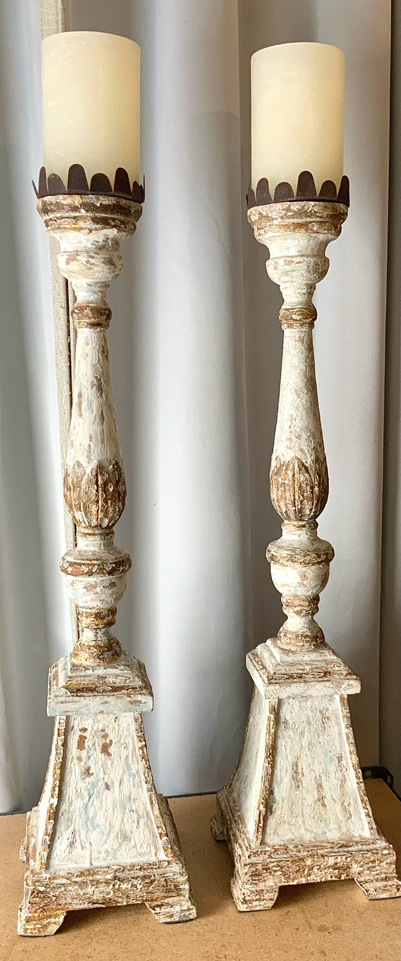 Pair of Extra Large Distressed Wood Candlesticks