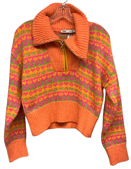 ZARA Coral Multi Heart Half Zip Sweater