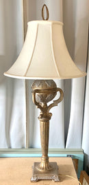 Ornate Gold Sphere Lamp with Linen Bell Shade