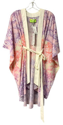 MYSTIQUE Handmade Ivory PInk Purple Floral Patterned Chiffon Belted Kimono
