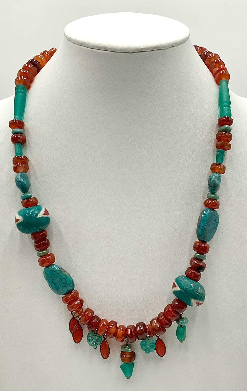 Sterling, Carnelian, Glass & African Powderglass Beaded Necklace