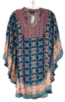 TOLANI Blue/Pink/Tan Print Silk Poncho/Top