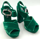PRADA Green Velvet Jeweled Clasp Platform Sandals 37