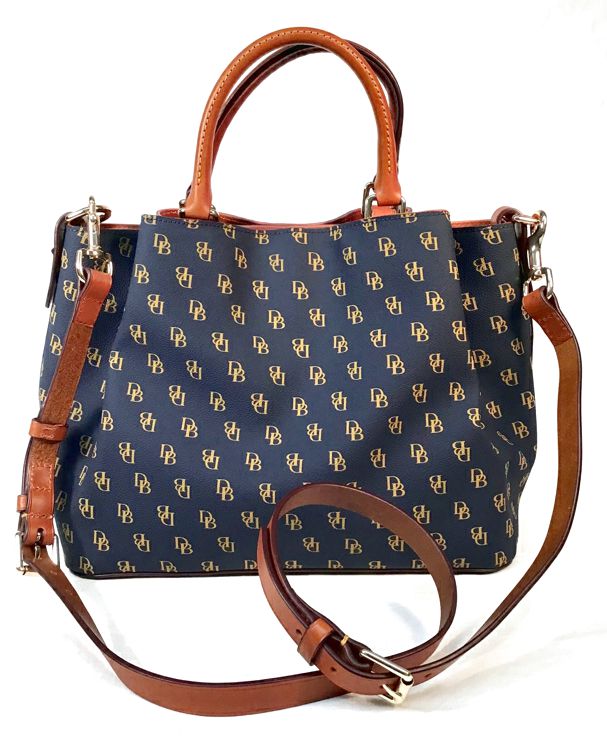 Dooney & Bourke Brown Leather Navy Coated Canvas Gretta Brenna Satchel