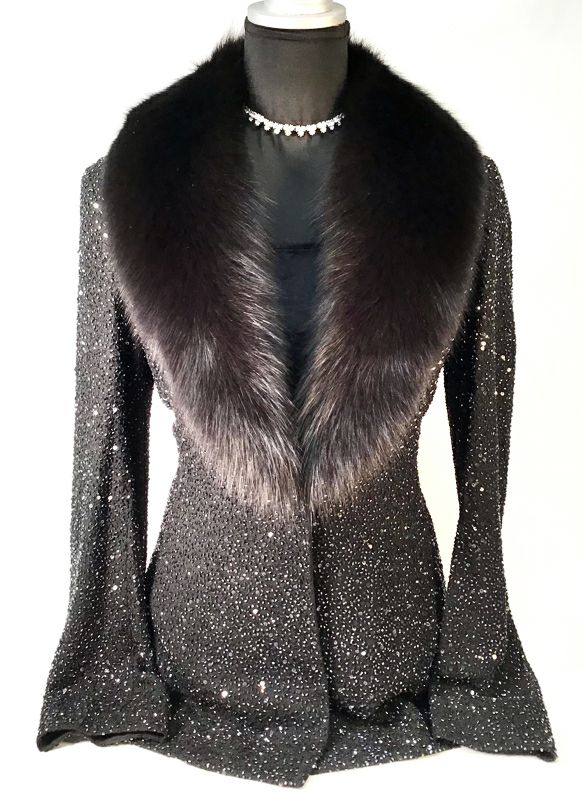 BADGLEY MISCHKA Black Silk Beaded Fox Fur Collar Jacket