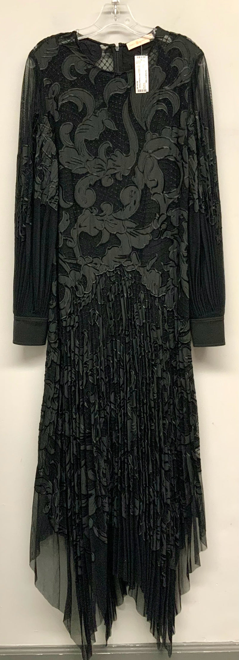TORY BURCH Black Applique Pleated Balloon Slv Asym Netted Bottom Guipure Dress