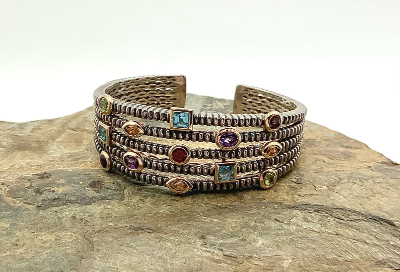 TOWN & COUNTRY 14kt Gold, Sterling & Multi Gemstone Cuff Bracelet