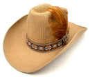 BEE HATS Custom Tan Woven Burlap Embroidered Band Orange Feather Hat Sz M