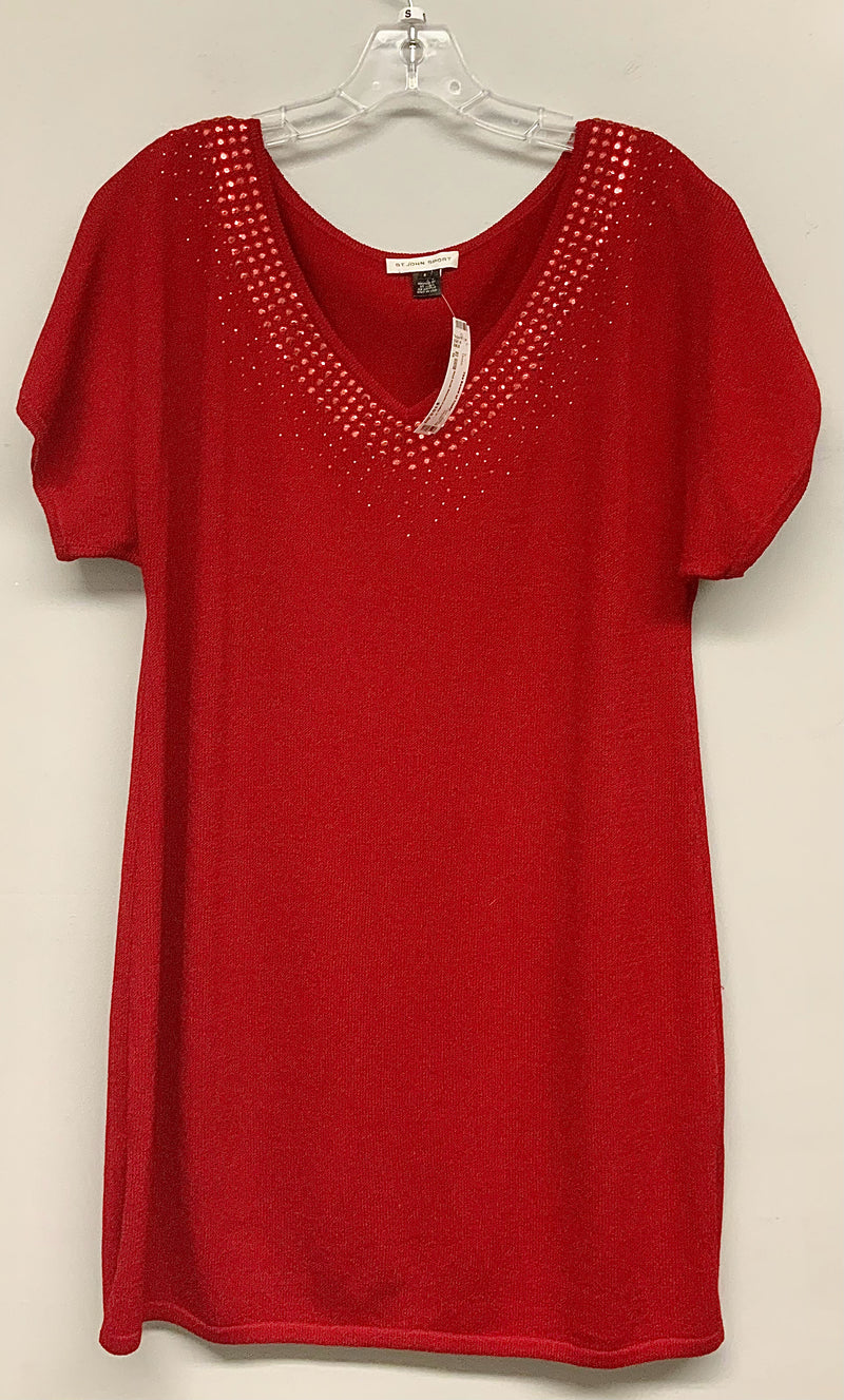 ST JOHN Red Knit Sequin Collar V Neck S/S Dress