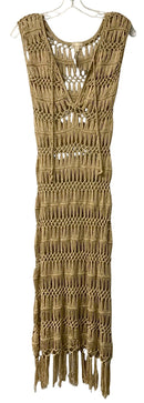 PILYQ Tan Crochet Tie Neck S/L Fringe Hem Maxi Cover-Up