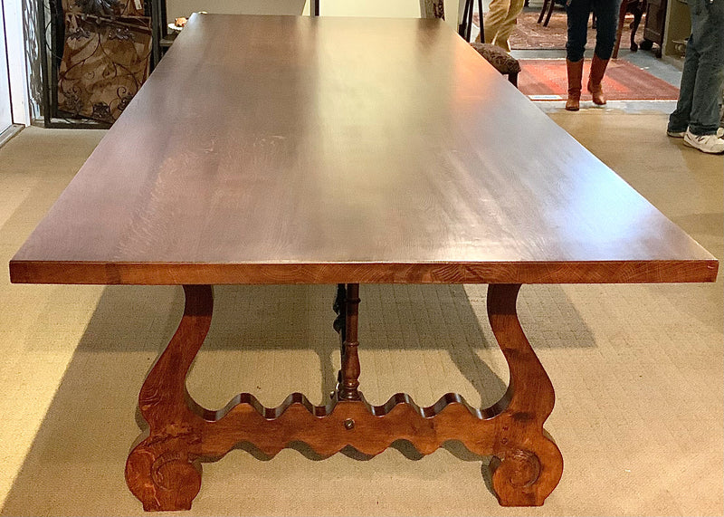 12 Foot Dark Wood Dining Table with Iron Accents