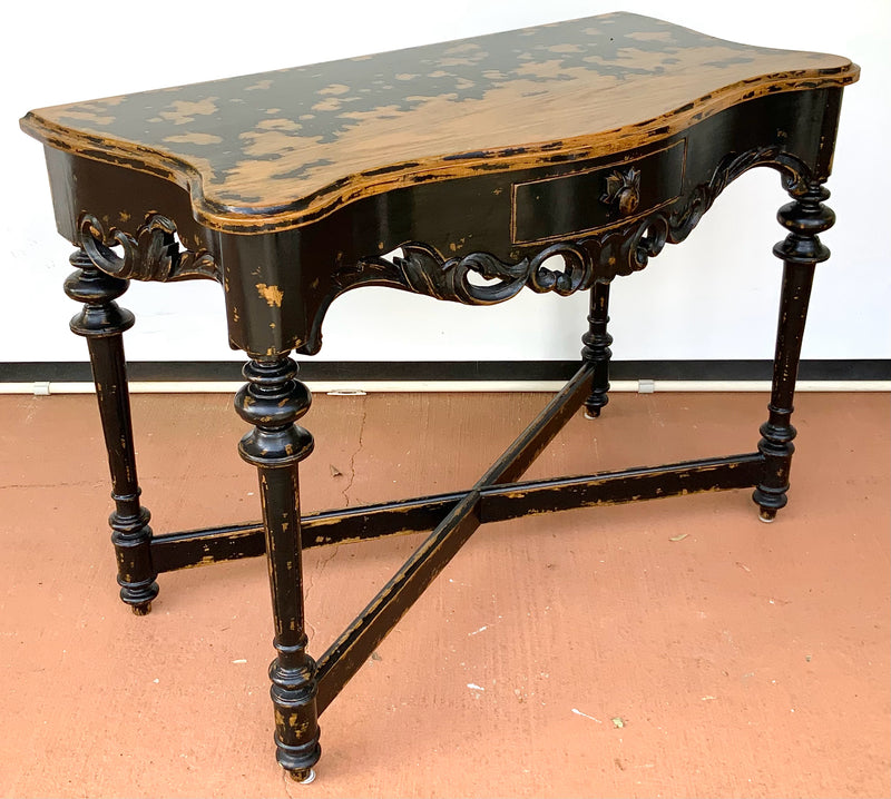 Carved Oak Foyer Table with Distressed Black Finish