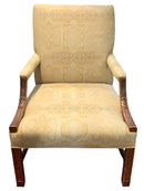 Upholstered Arm Chair With Carved Wood Frame