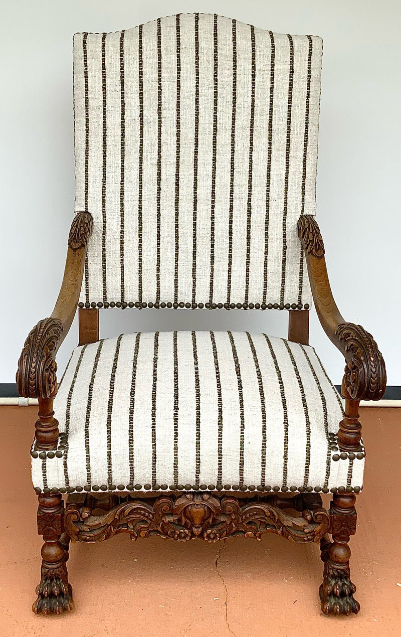 Antique Carved French Armchair with New Upholstery