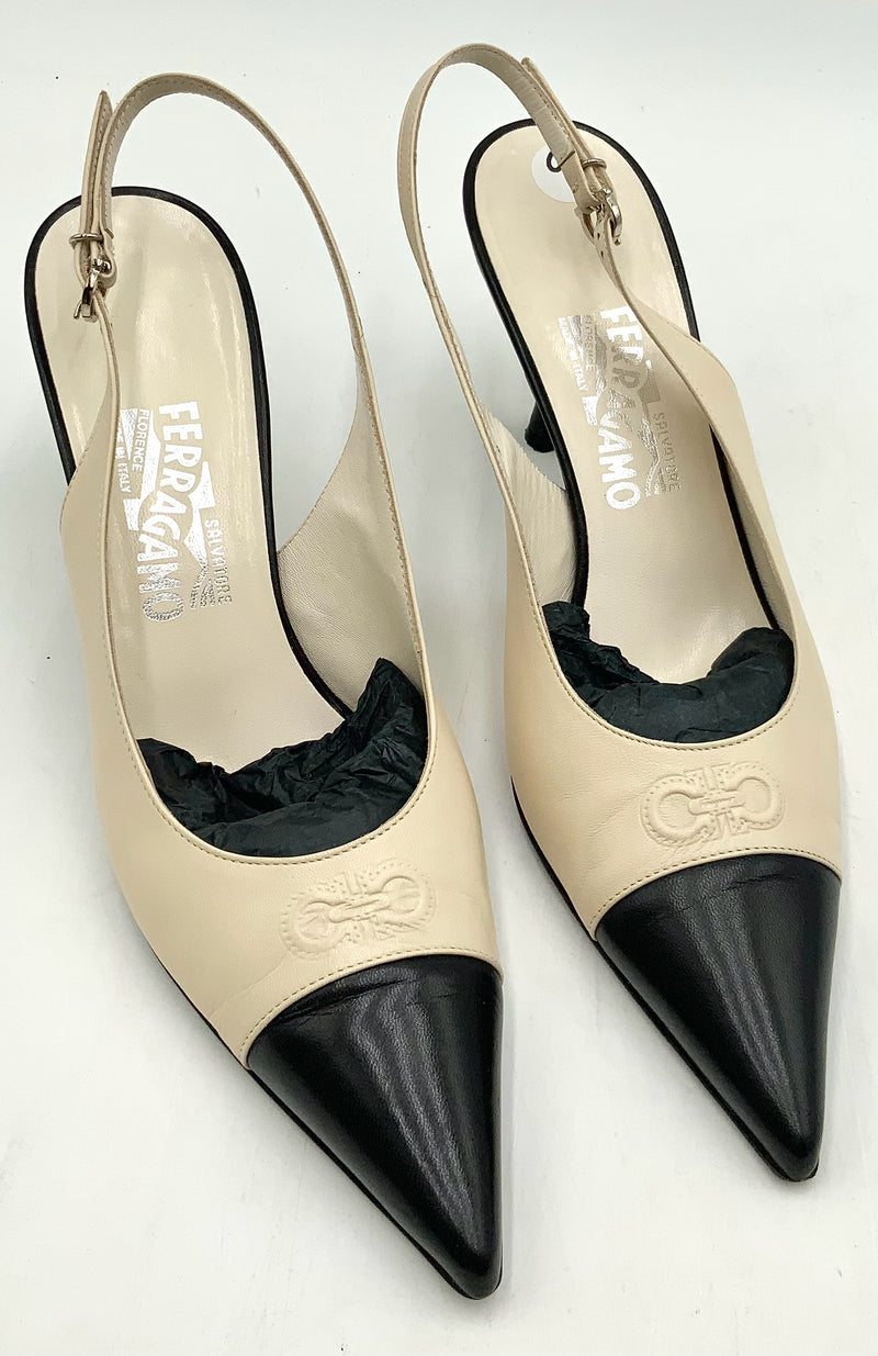 FERRAGAMO Ivory Black Cap Toe Stitched Logo Pointed Slingback Heels 9
