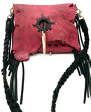 AMERICAN DARLING Raspberry Leather w/Antler Toggle/Black Braided Strap Crossbody