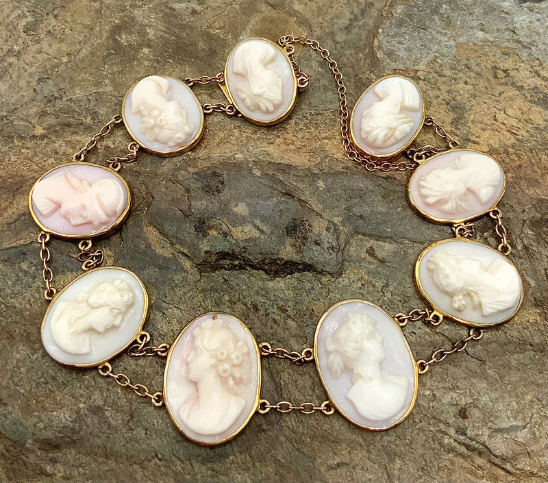 14kt Gold Carved Shell Cameo Link Bracelet