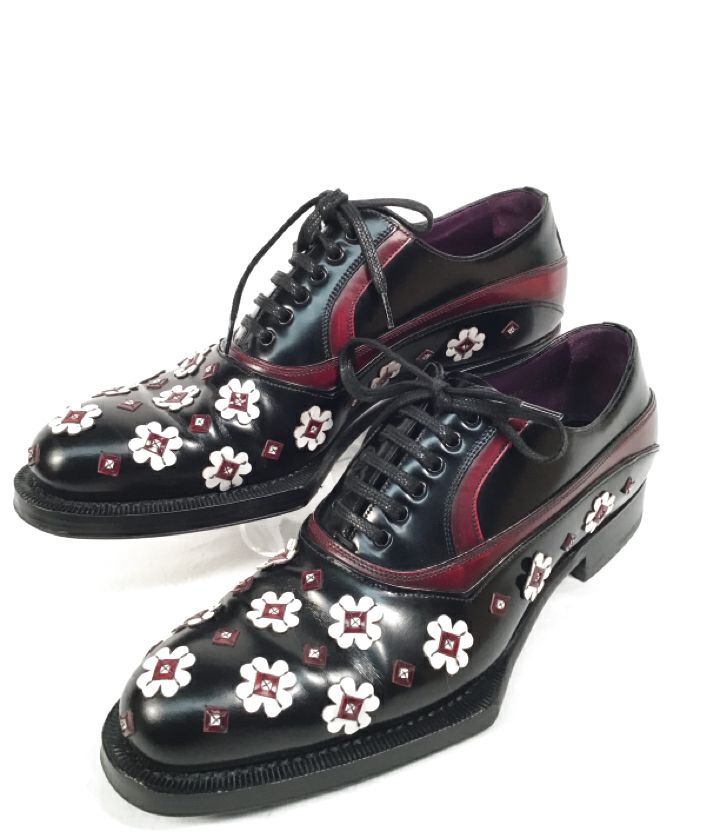 PRADA Black White Wine Spazzolato Leather Floral Applique Fume Oxfords 39