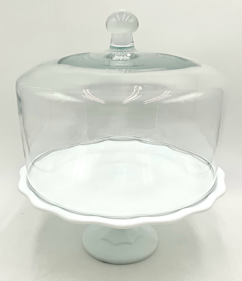 Milk Glass Cake Stand with Glass Dome