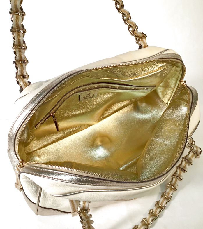 GUCCI White Leather Gold Trim Ribbon Chain Capri Bowler Bag