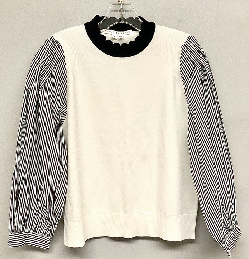 VERONICA BEARD Ivory Knit Black Scallop Striped Sleeve Roy Pullover