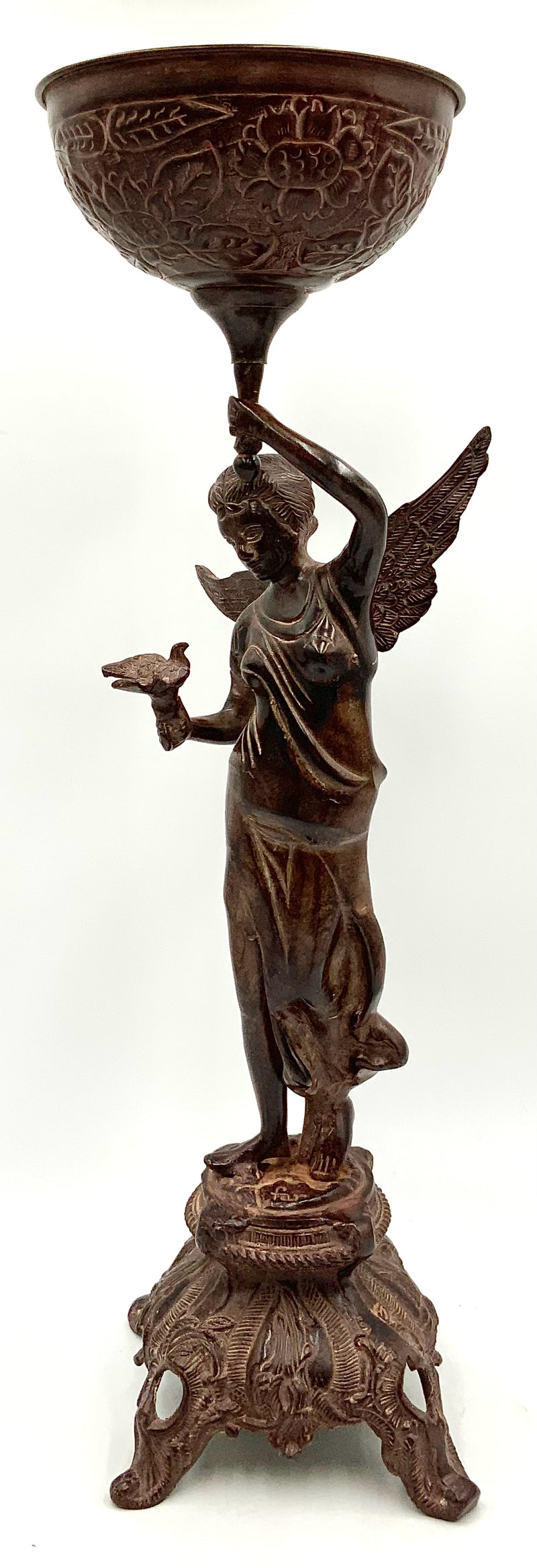 Bronze Tone Brass Statue with Angel Holding Torch