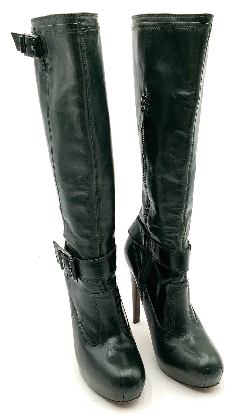 L.A.M.B. Green Leather Stiletto Knee High Buckle Boots 7