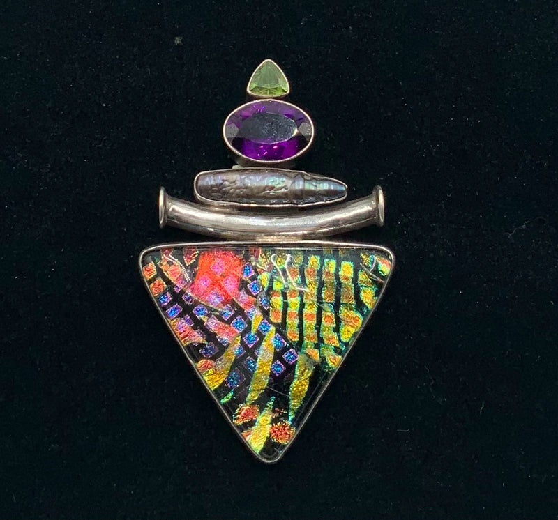 Artisan Sterling, Dichroic Glass, Amethyst & Peridot Pendant